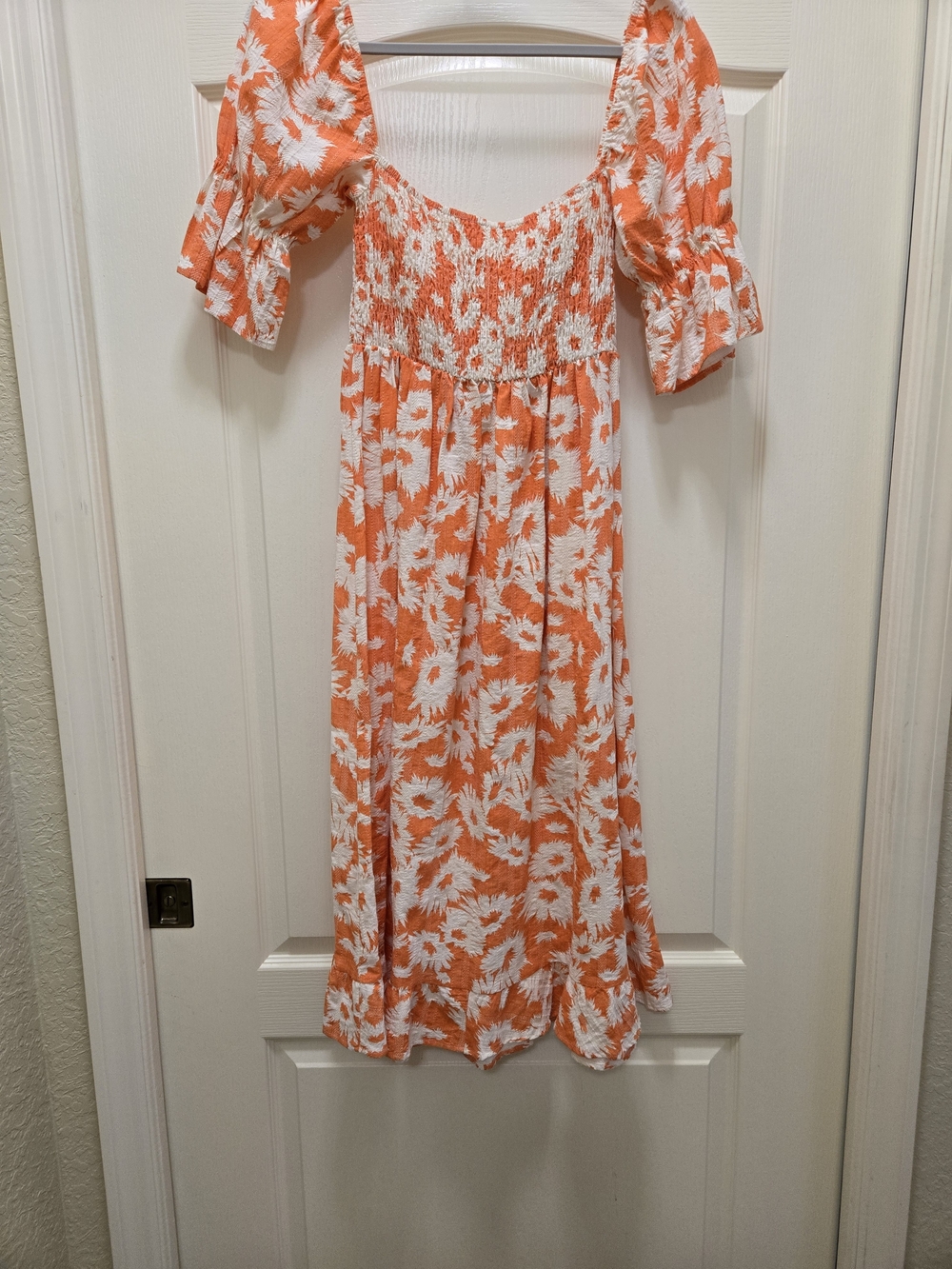 Karlie Orange and Cream Floral Smocked Midi Dress With Puffed Sleeves